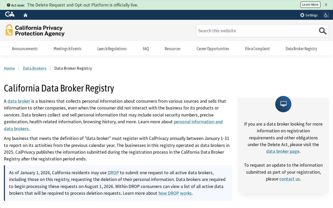 Newark resident directory California data-broker deletion registry