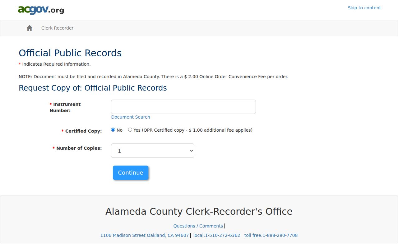 Newark previous residents Alameda official-record copy order